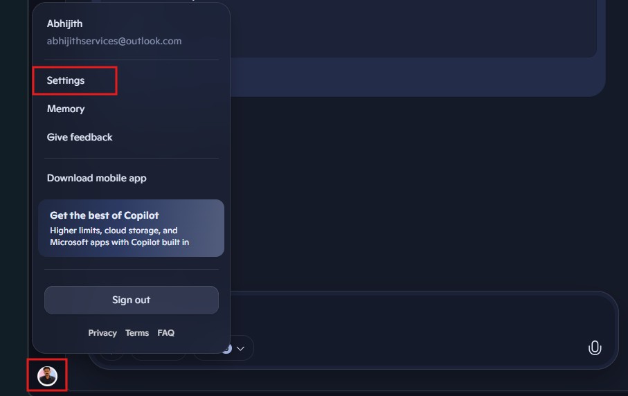 Open Settings in Copilot