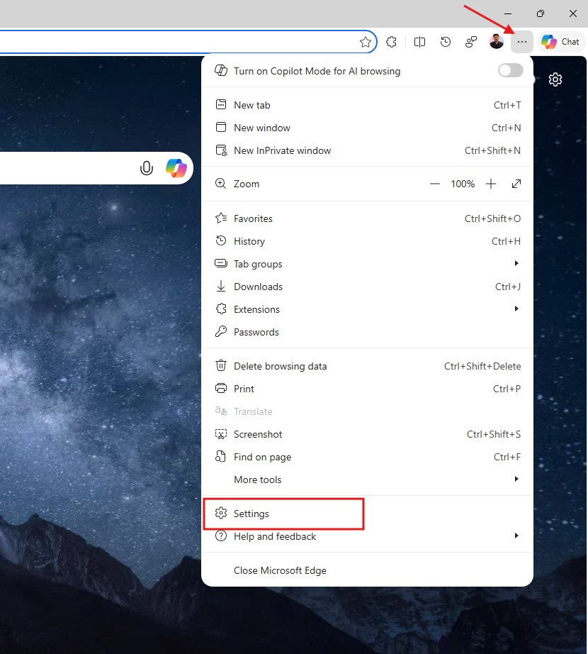 Open Settings in Edge browser