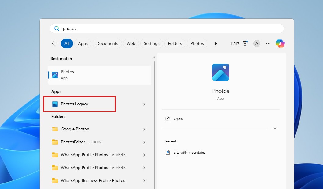 Photos Legacy shown in Windows Search