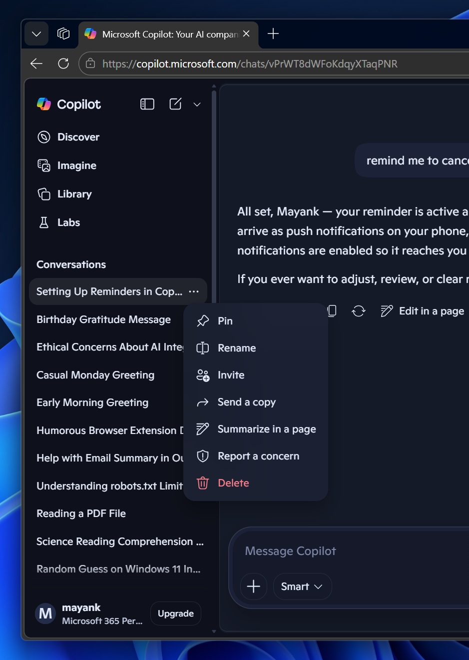 Pin a conversation in Copilot