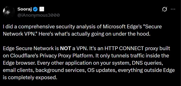 Privacy Researcher debunks Microsoft's claim about Edge Secure Network VPN service