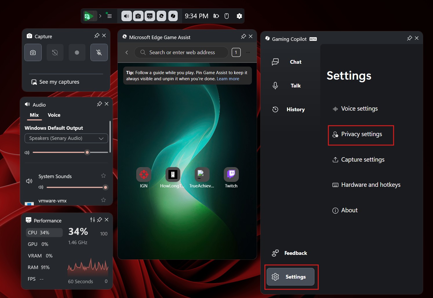 Privacy settings in Gaming Copilot