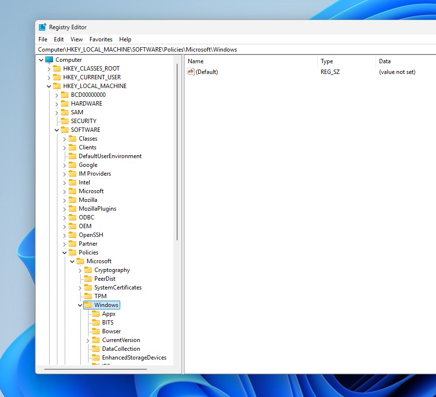 Regedit HKEY_LOCAL_MACHINE SOFTWARE Policies Microsoft Windows