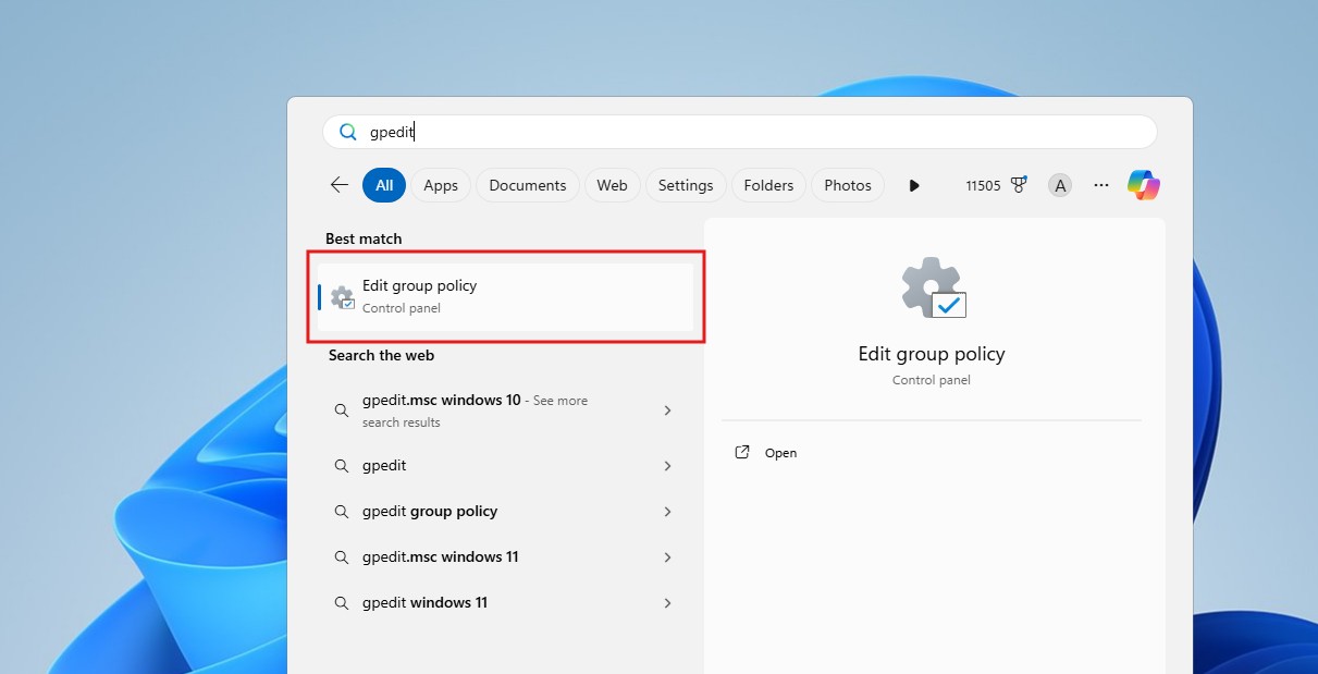 Search gpedit in Windows Search