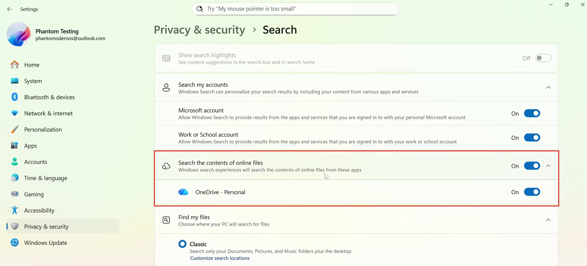 Busque el contenido de Alternancia de archivos en línea en Windows 11 26H1
