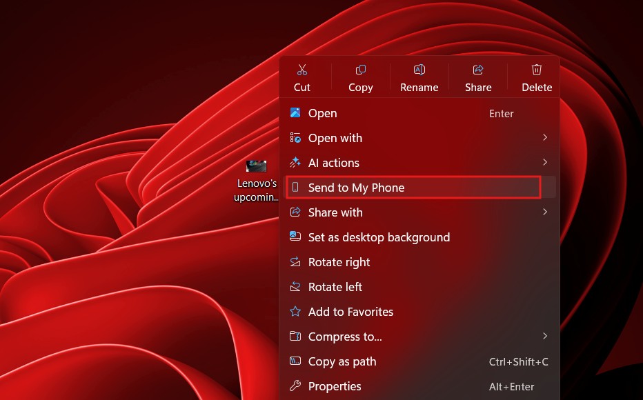 Send to My Phone option in right click context menu