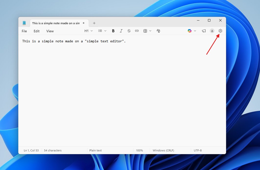 Settings icon in Notepad