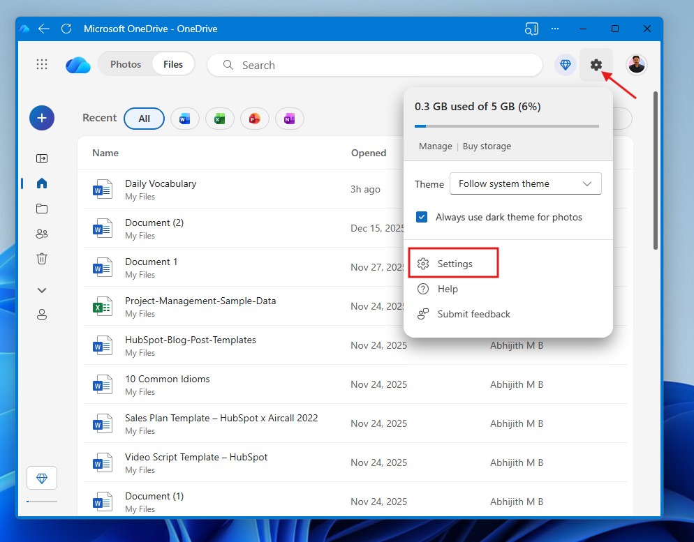 Settings in OneDrive app for Windows