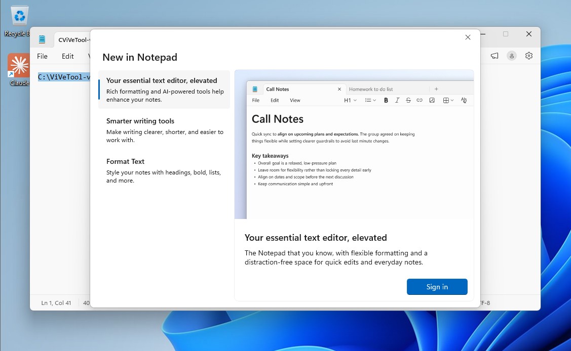 Sign in prompt in Notepad
