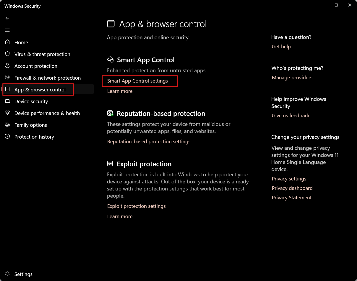Smart App Control settings
