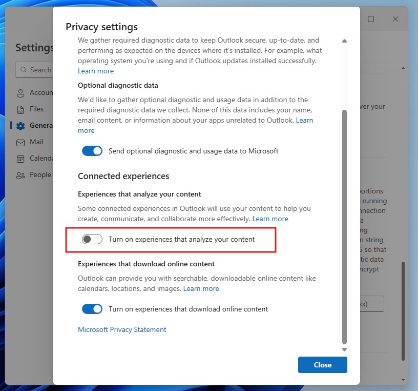 Turn off AI in Outlook