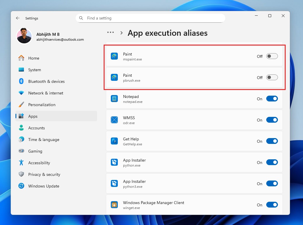 Turn off App execution aliases for Paint app