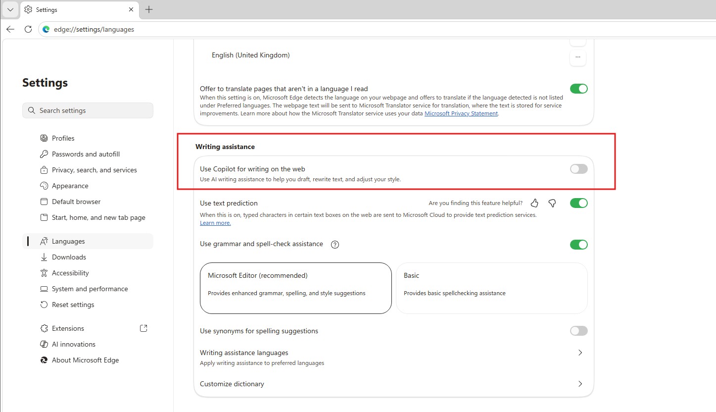 Turn off Copilot writing assistance in Edge