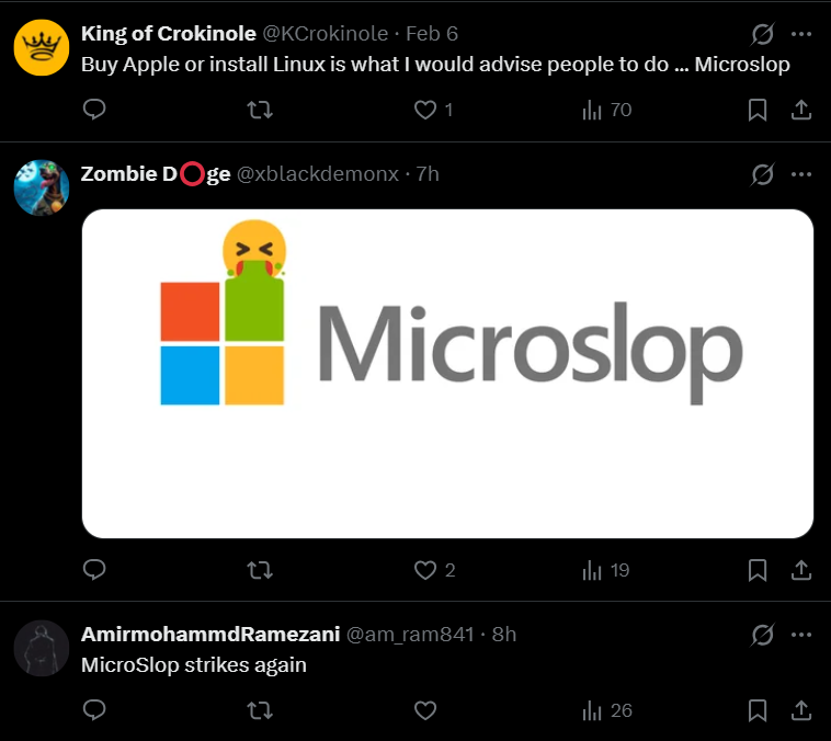 Users criticizing Microsoft with the nickname Microslop