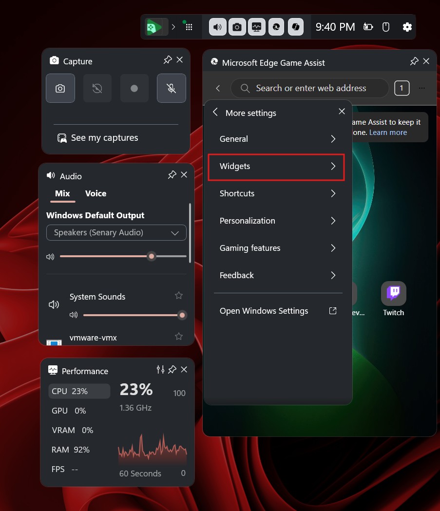 Widgets settings in Game Bar