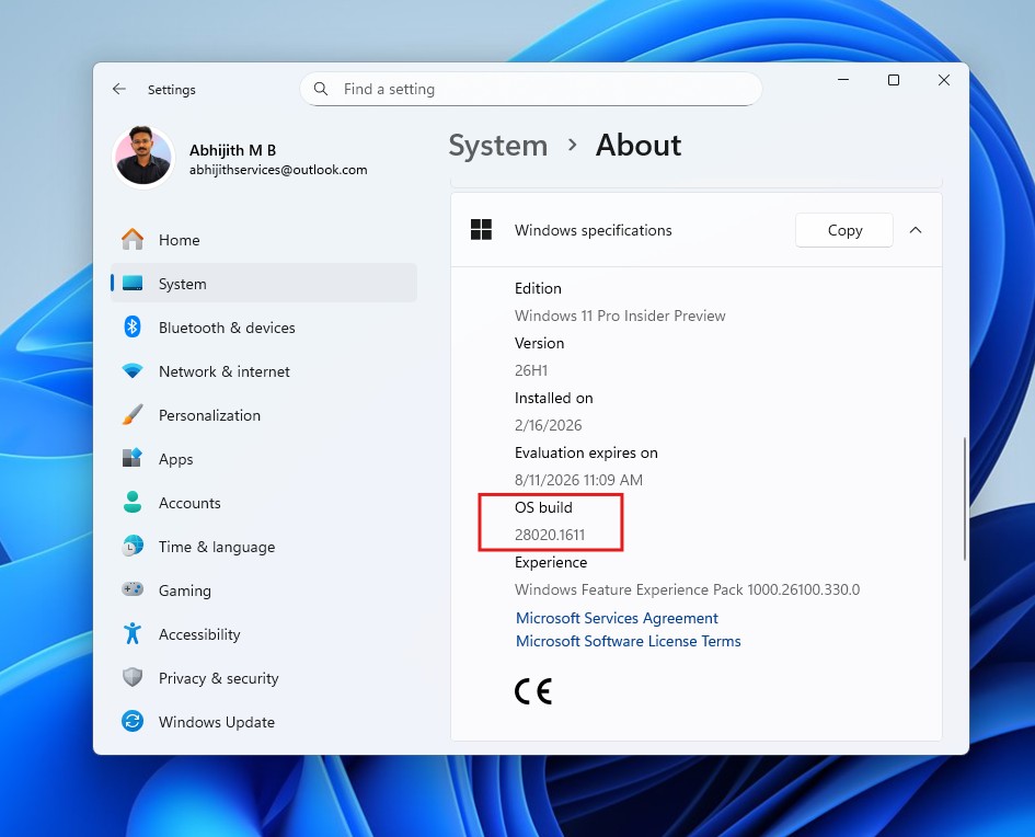 Windows 11 26H1 compilación 28020.1611