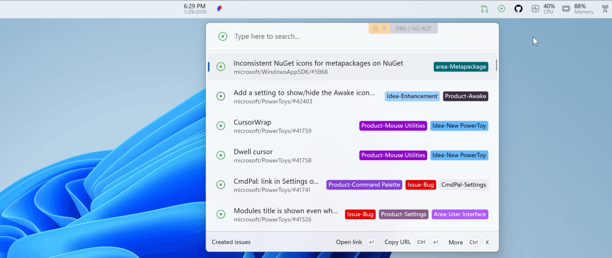 Windows 11 dock menu showing github