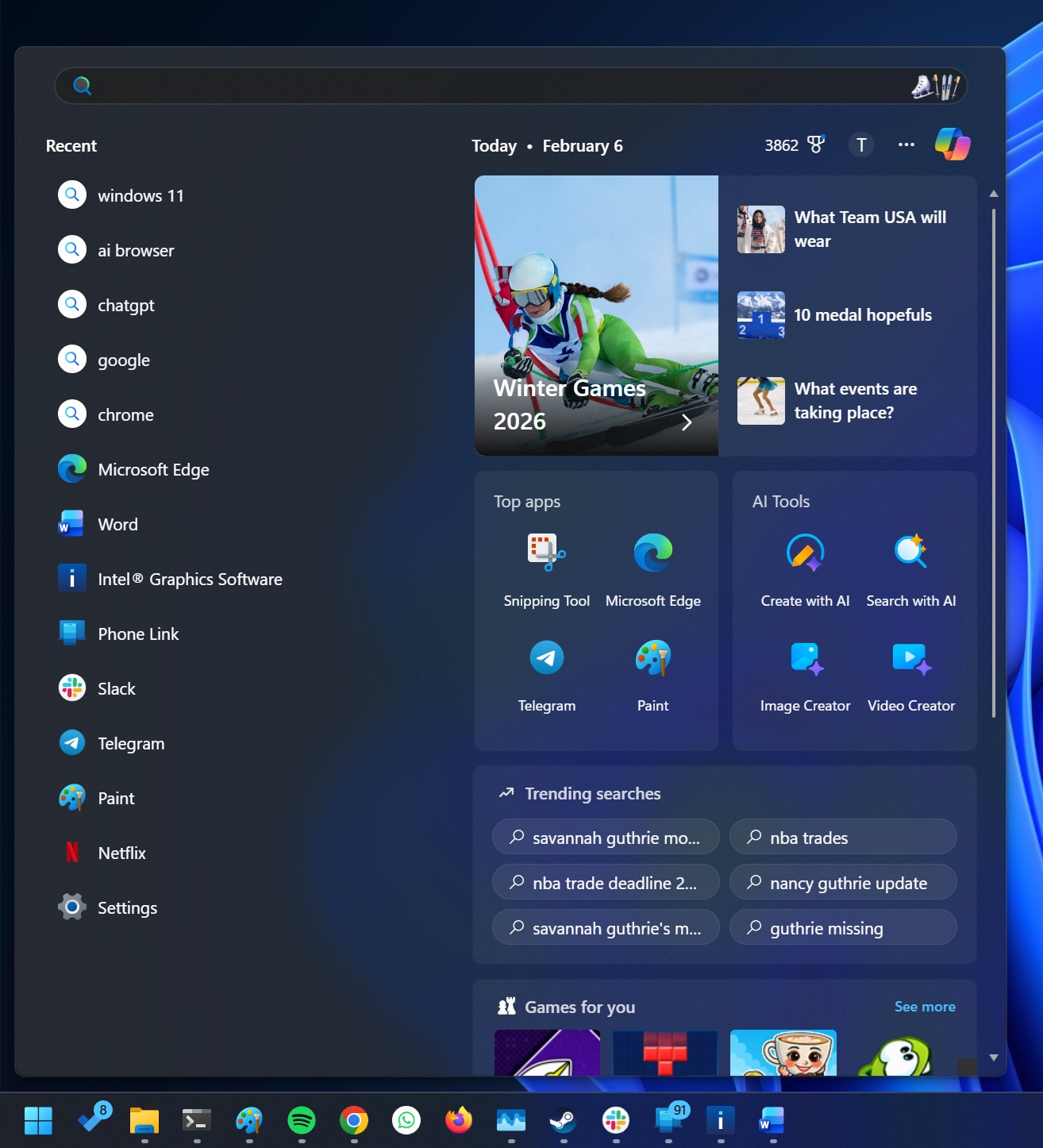 Windows Search showing AI tools