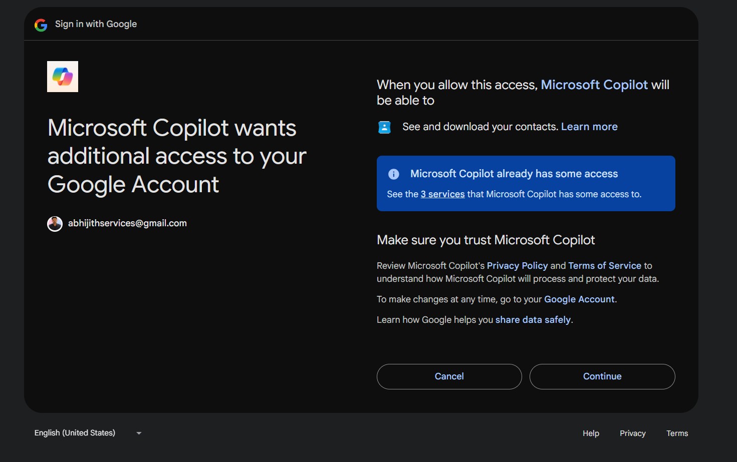 permissions asked while connecting Google Contacts to Copilot