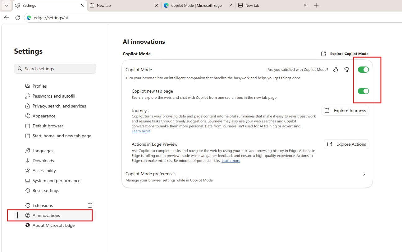 turn off Copilot mode in Edge browser