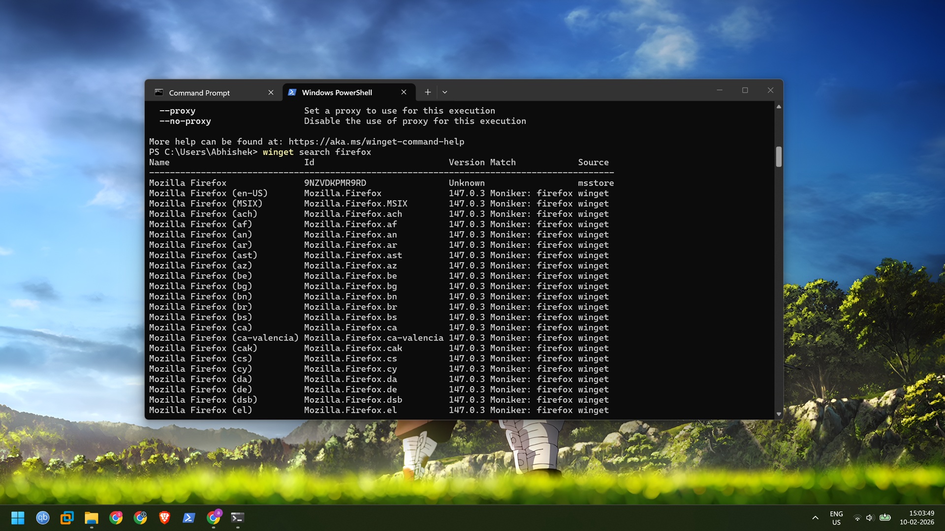 winget search in windows terminal