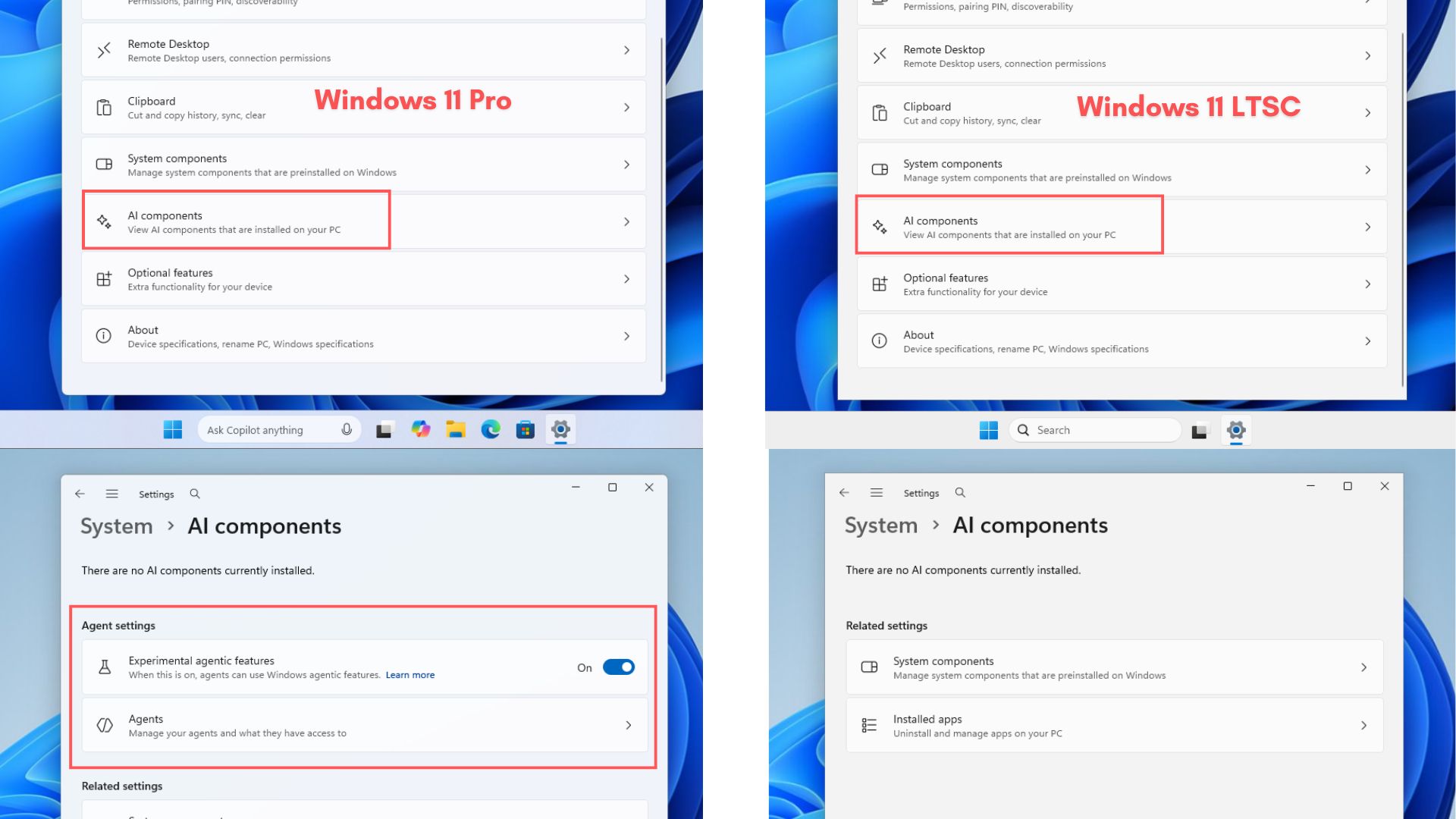 AI Components is available in Windows 11 LTSC Settings, but no sign of Experimental Agentic Features