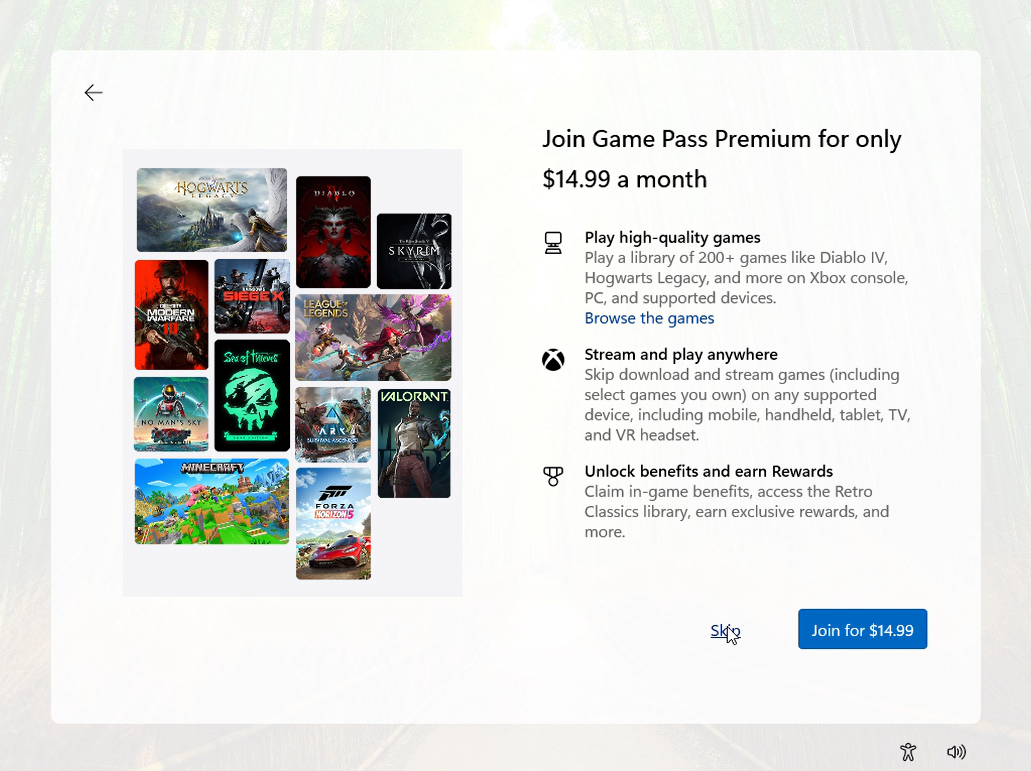 Ad for Xbox Game Pass during Windows 11 setup