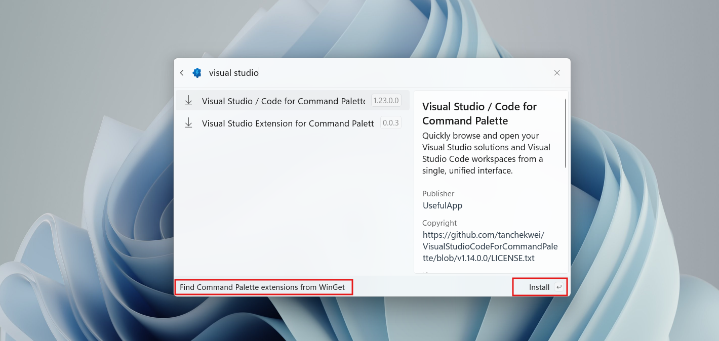 Adding Visual Studio extension to Command Palette