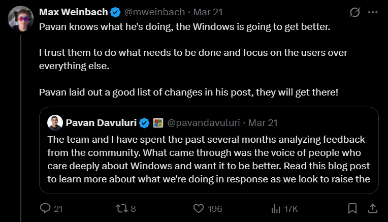 Analyst who is usually critical of Microsoft responds to Pavan Davuluri's post