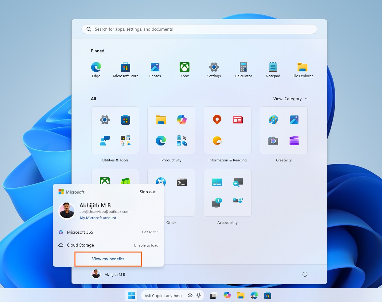 Benefits in Start menu