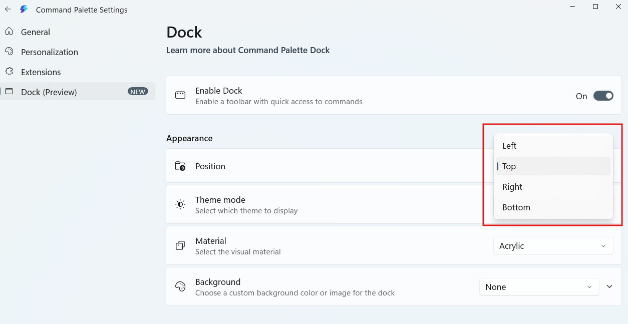 Change position of the Command Palette Dock