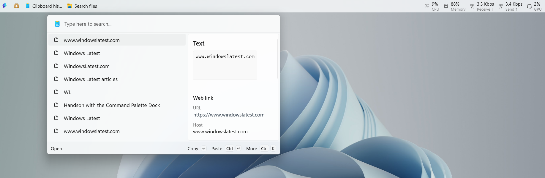 Clipboard history in Command Palette Dock