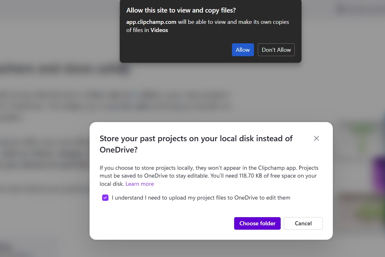 Clipchamp asks permission to view and copy files while choosing a folder to archive old video projects
