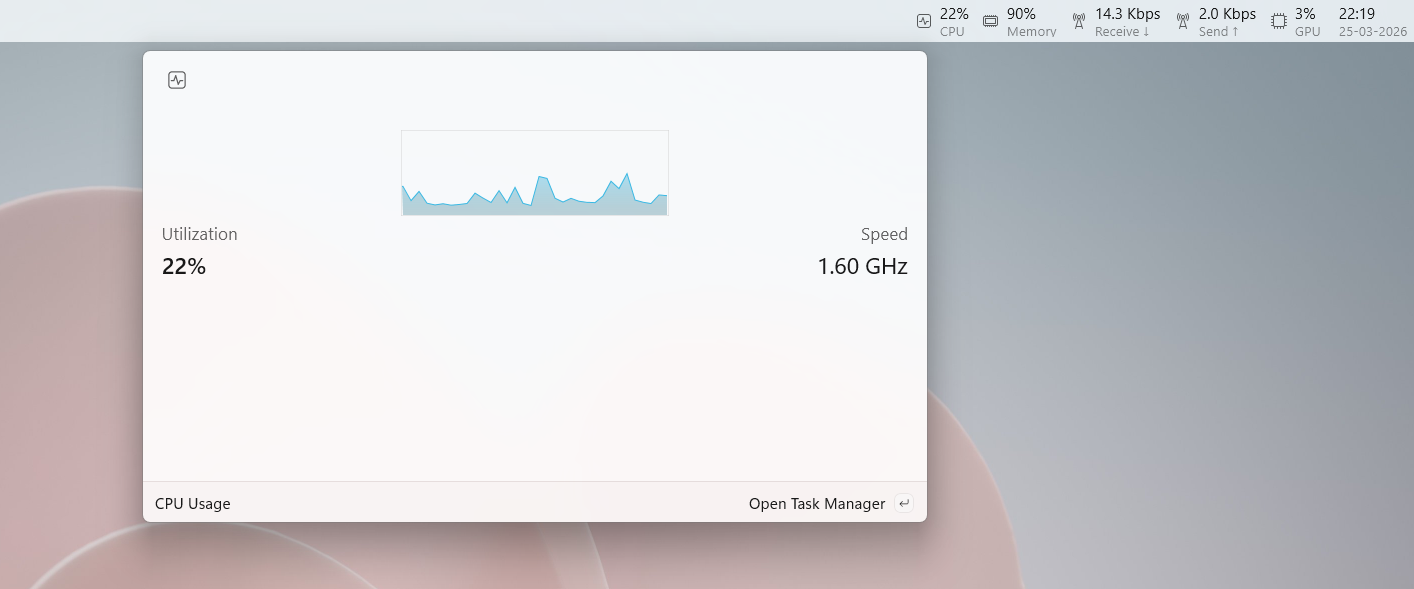 Command Palette Dock showing a mini view of CPU usage