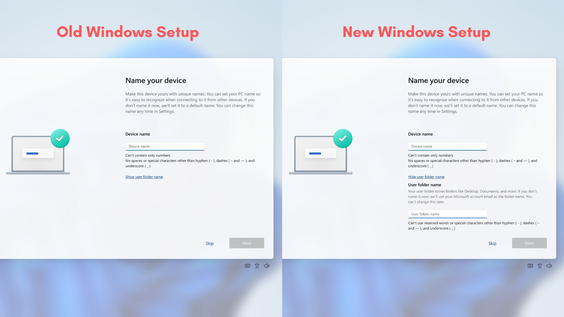 Comparing Name your device page before and after the update