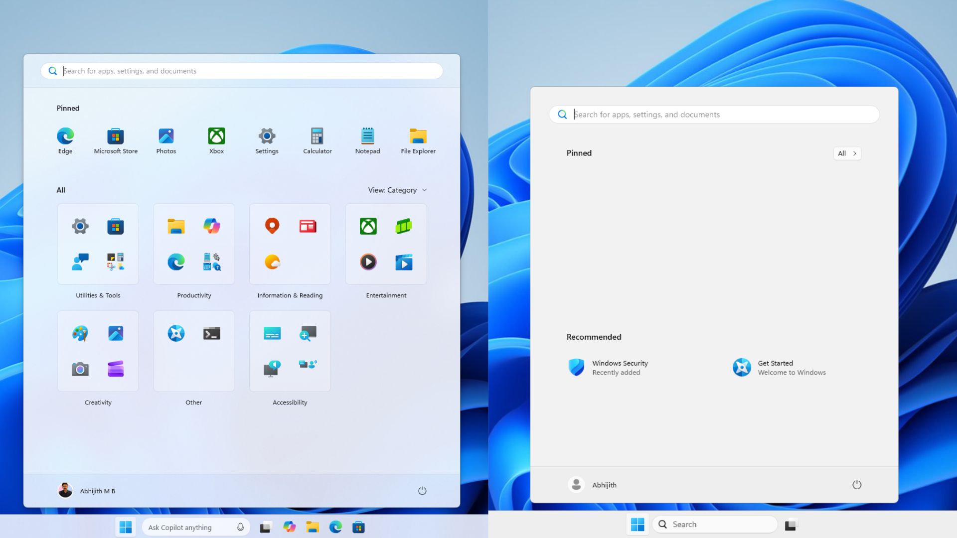 Comparing Start menu between Windows 11 Pro and Windows 11 LTSC