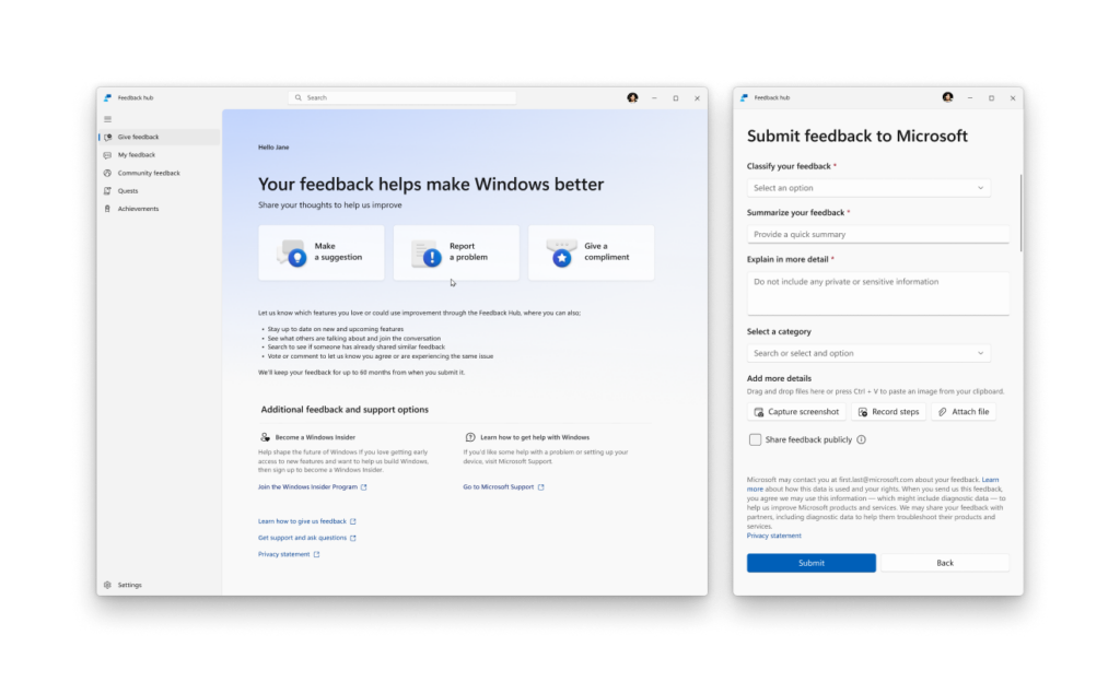 Upcoming Feedback Hub update in Windows 11 showing the redesigned home screen and new feedback form. Source: Microsoft