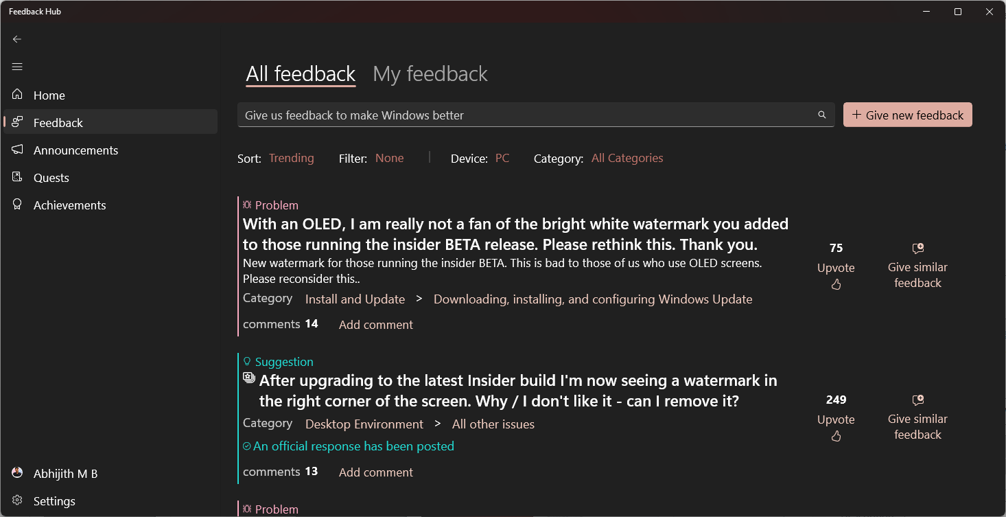 Feedback Hub in Windows 11 is getting its biggest update (Image shows the current version)