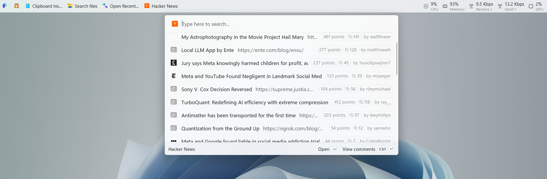 Hacker News in the Command Palette Dock