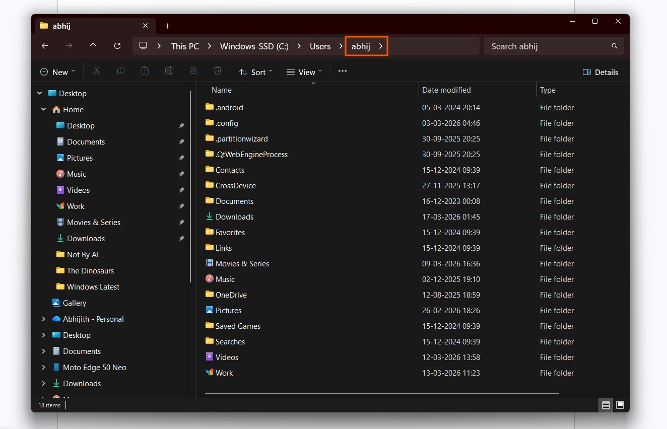 Inside the default user folder in Windows 11