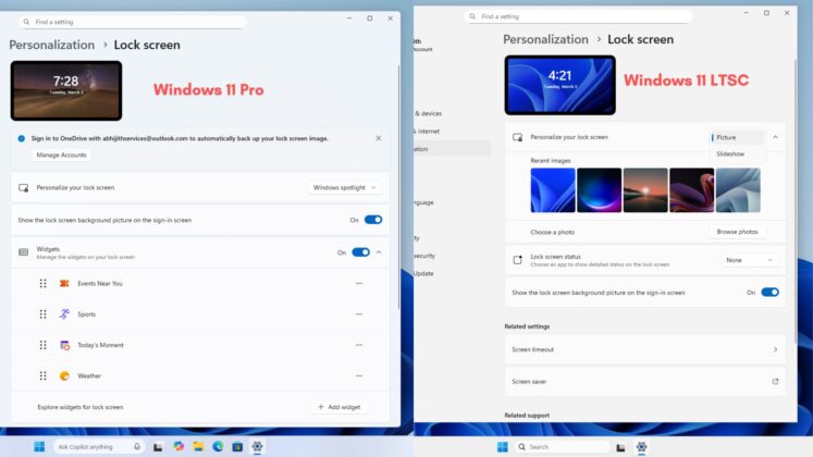 Lockscreen comparison between Windows 11 Pro and Windows 11 LTSC