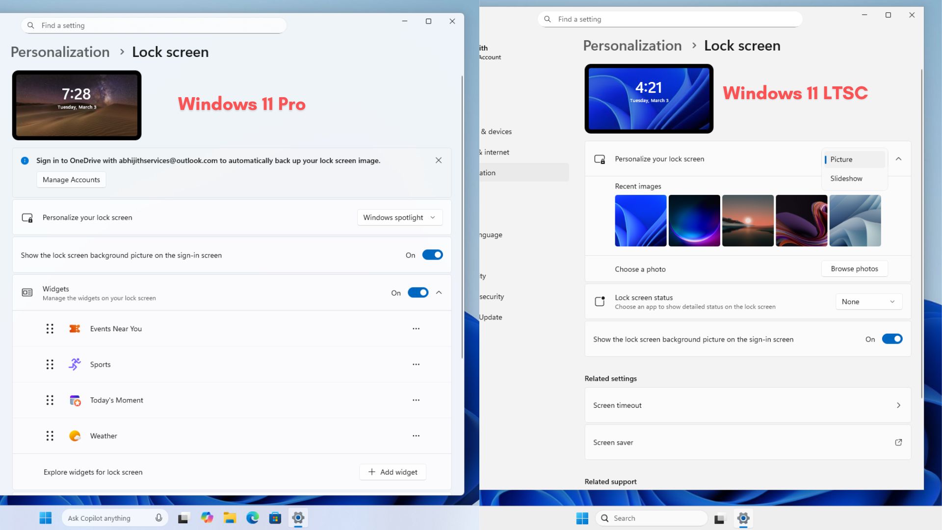 Lockscreen comparison between Windows 11 Pro and Windows 11 LTSC