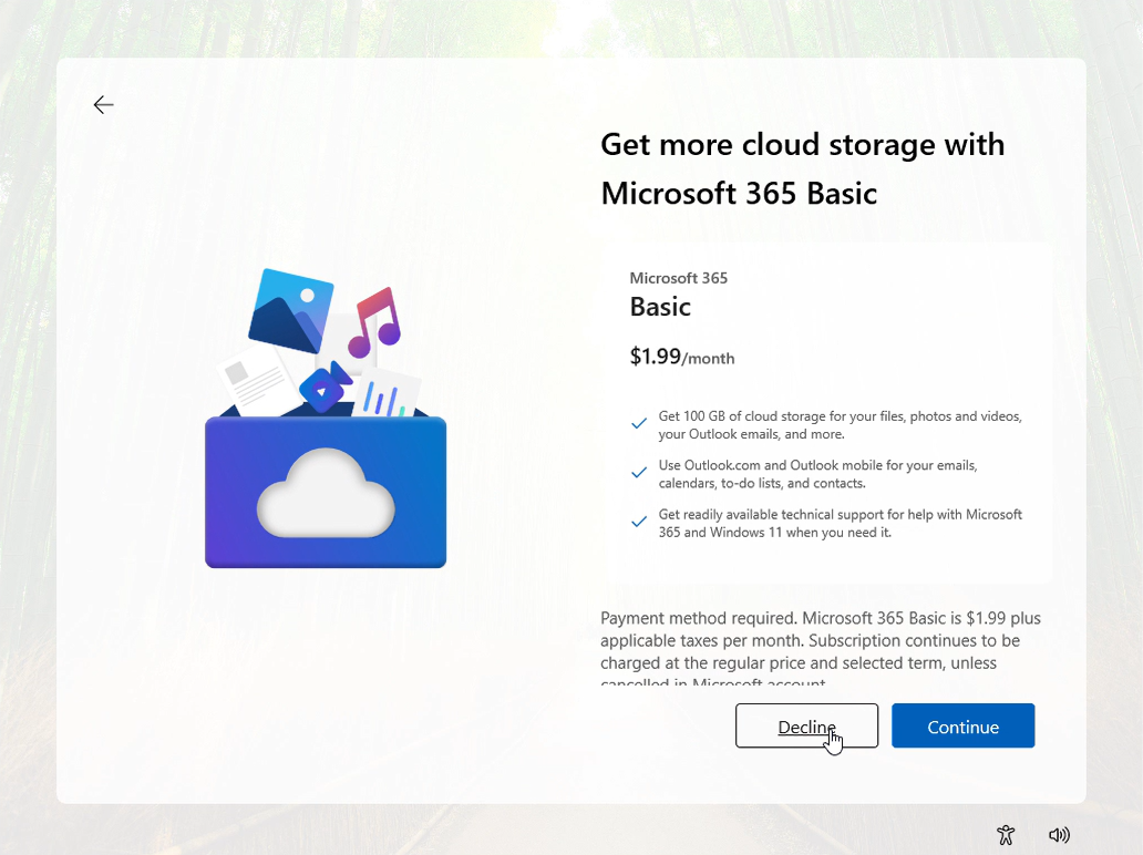 Microsoft 365 Basic ad just after declining Microsoft 365 Personal Ad
