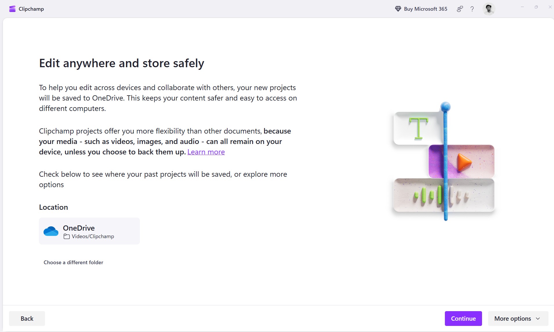 Microsoft Clipchamp asks permission to save video projects to OneDrive