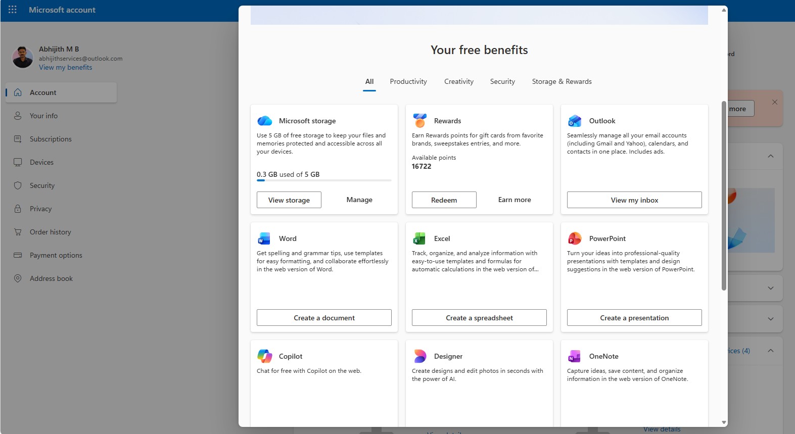 Microsoft account Benefits page