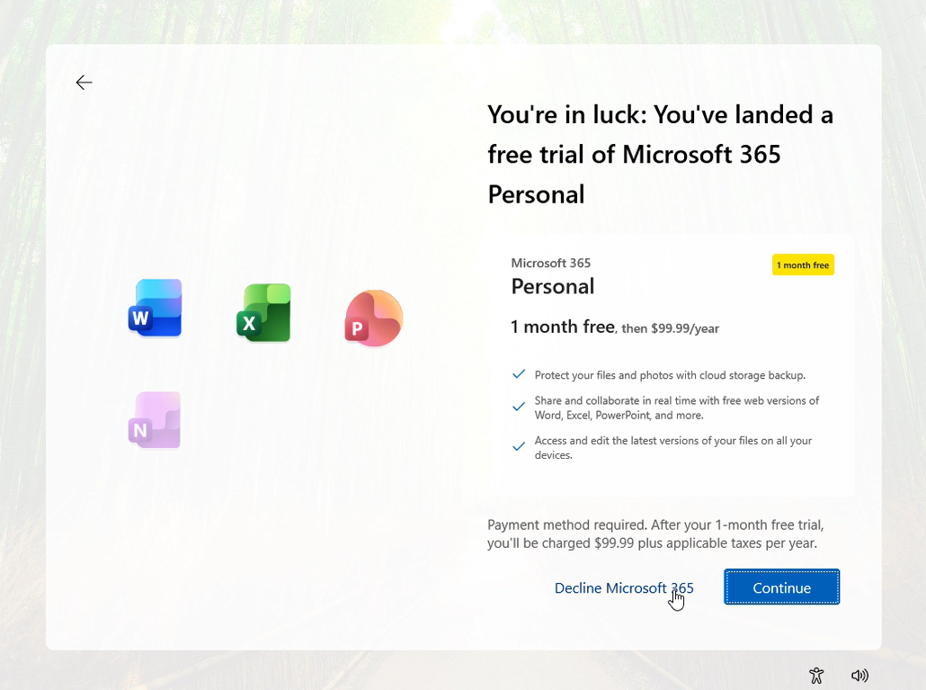 Microsoft ad for Microsoft 365 Personal during Windows 11 setup