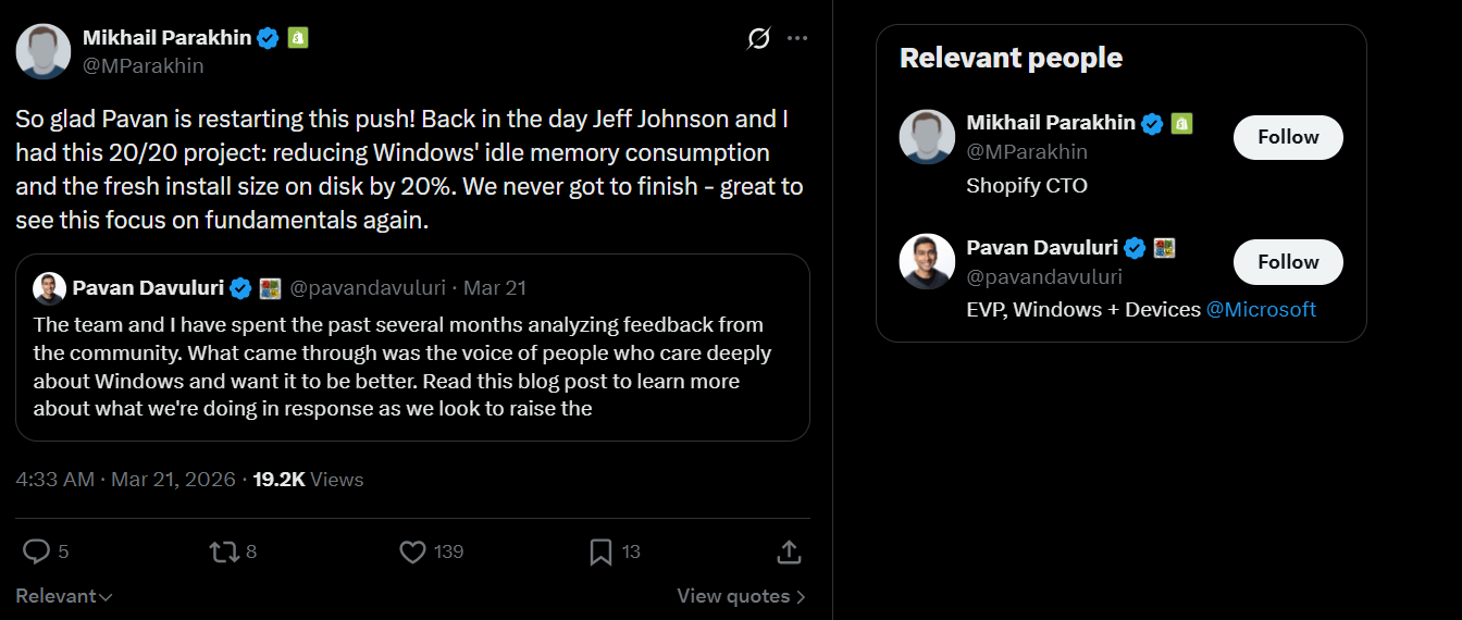 Mikhail Parakhin talking about 20/20 project that could've reduced RAM usage by 20%