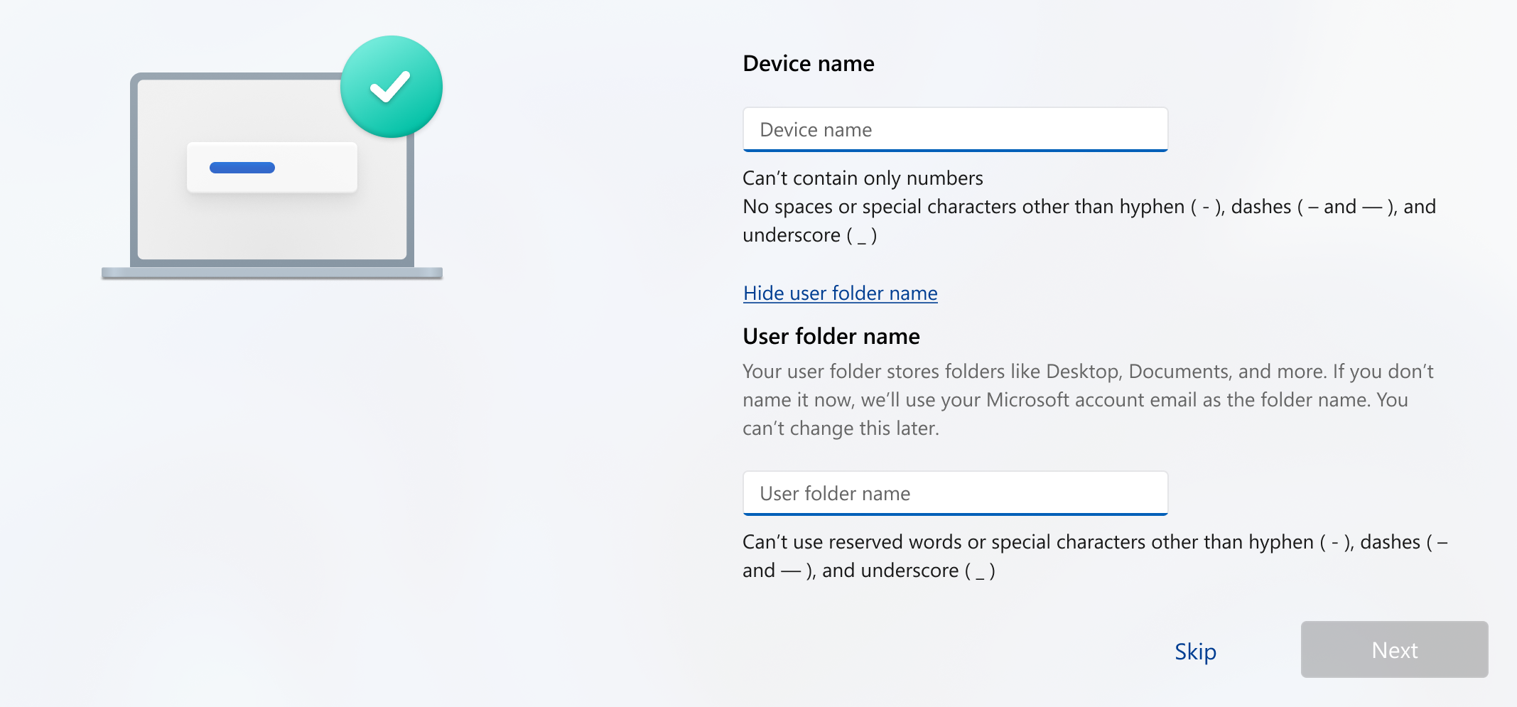 Name your device page now shows option to change User folder name