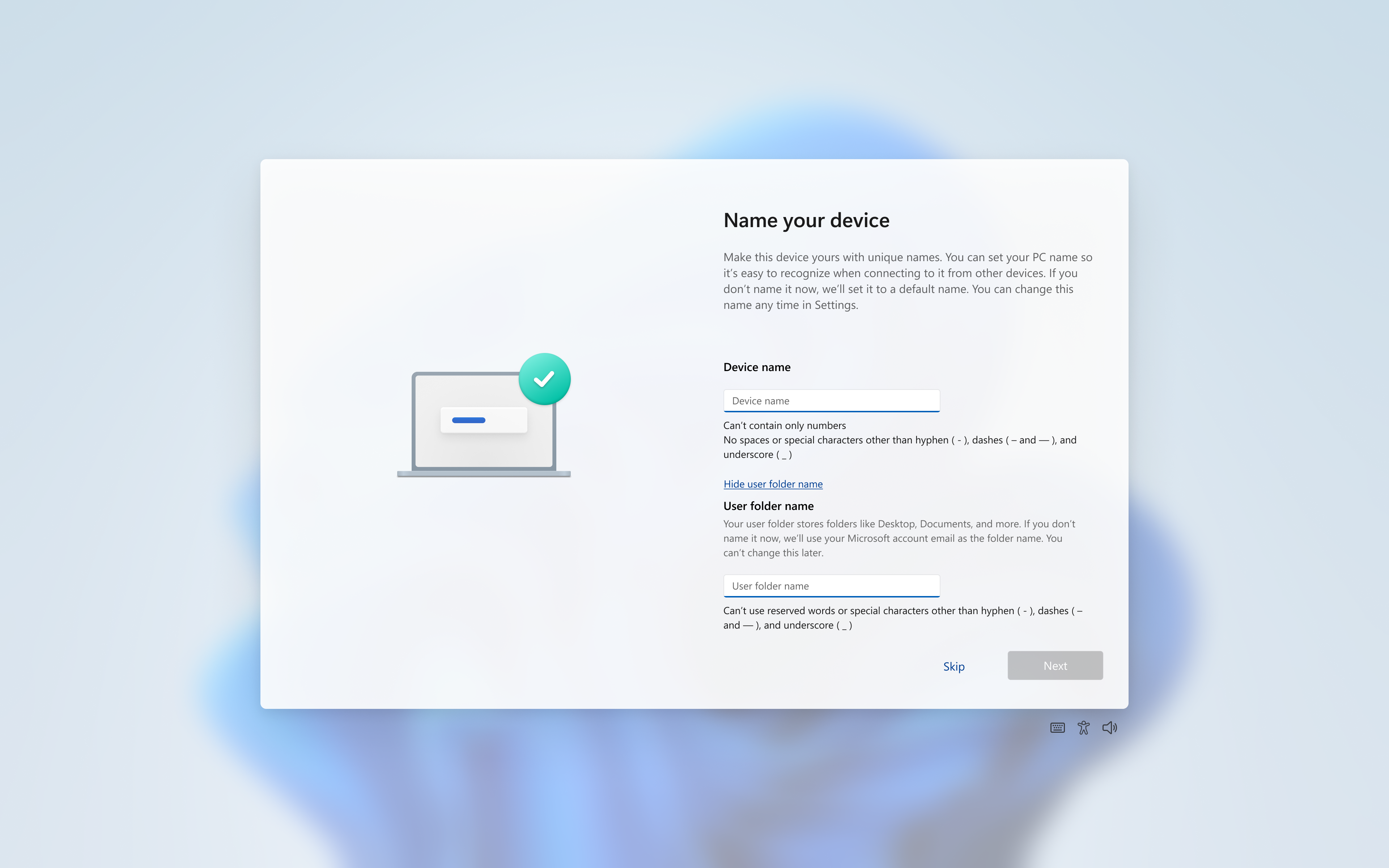 New user folder input box in the Name your device page.
