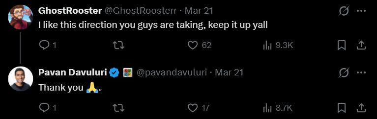 Positive response from user for Pavan Davuluri's post